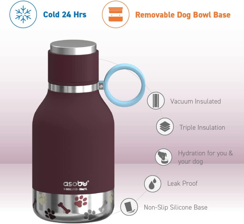 Dog Bowl Attached to Stainless Steel Insulated Travel Bottle for Human 33 Ounce (Burgundy) - Image 3