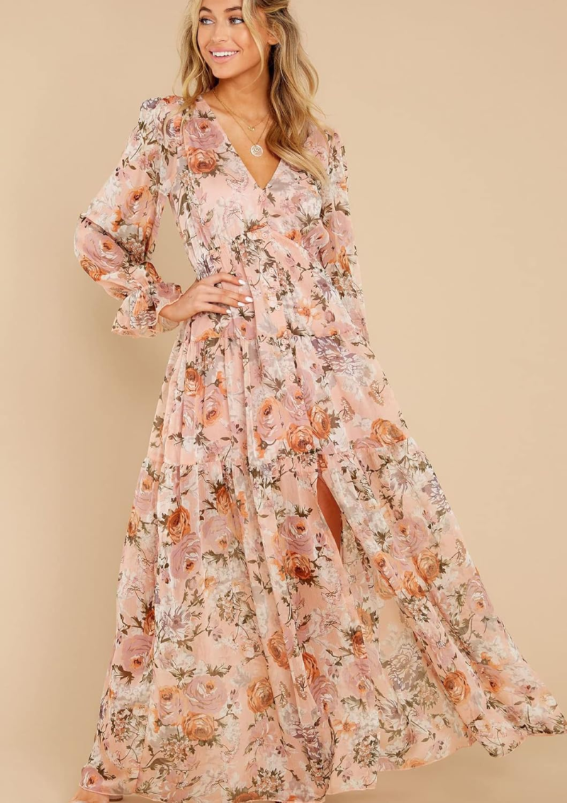 Women'S Long Sleeve V-Neck Floral Maxi Dress Casual Long Dresses Beach Dresses (Medium, Pink) - Image 3