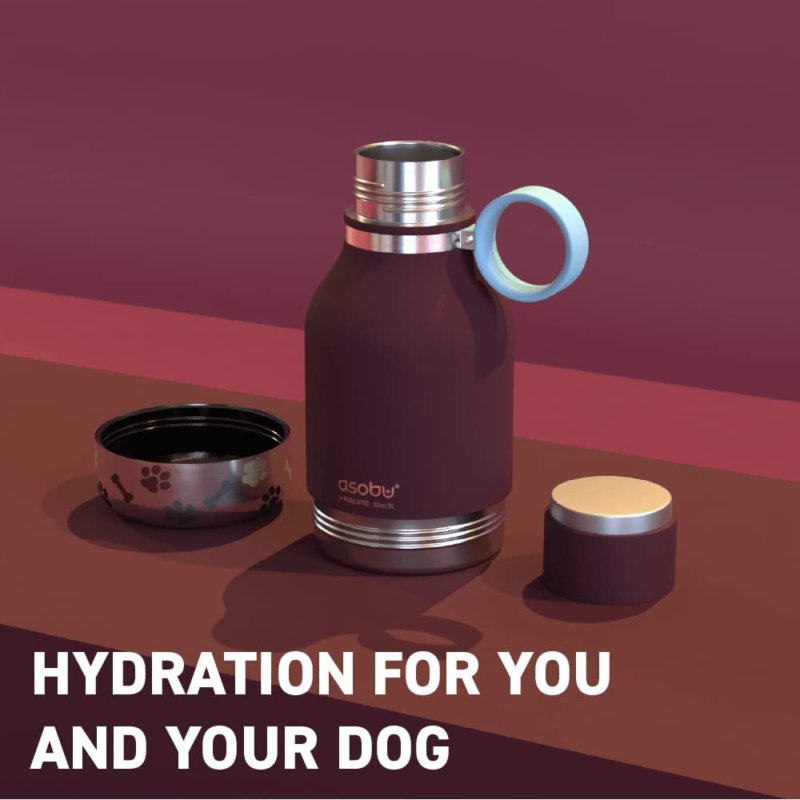 Dog Bowl Attached to Stainless Steel Insulated Travel Bottle for Human 33 Ounce (Burgundy) - Image 2