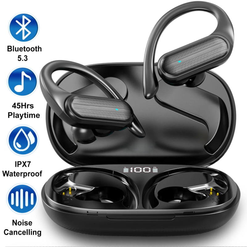 Bluetooth 5.3 IPX7 Noise Cancelling Wireless Earbuds with 45H Playtime, Black