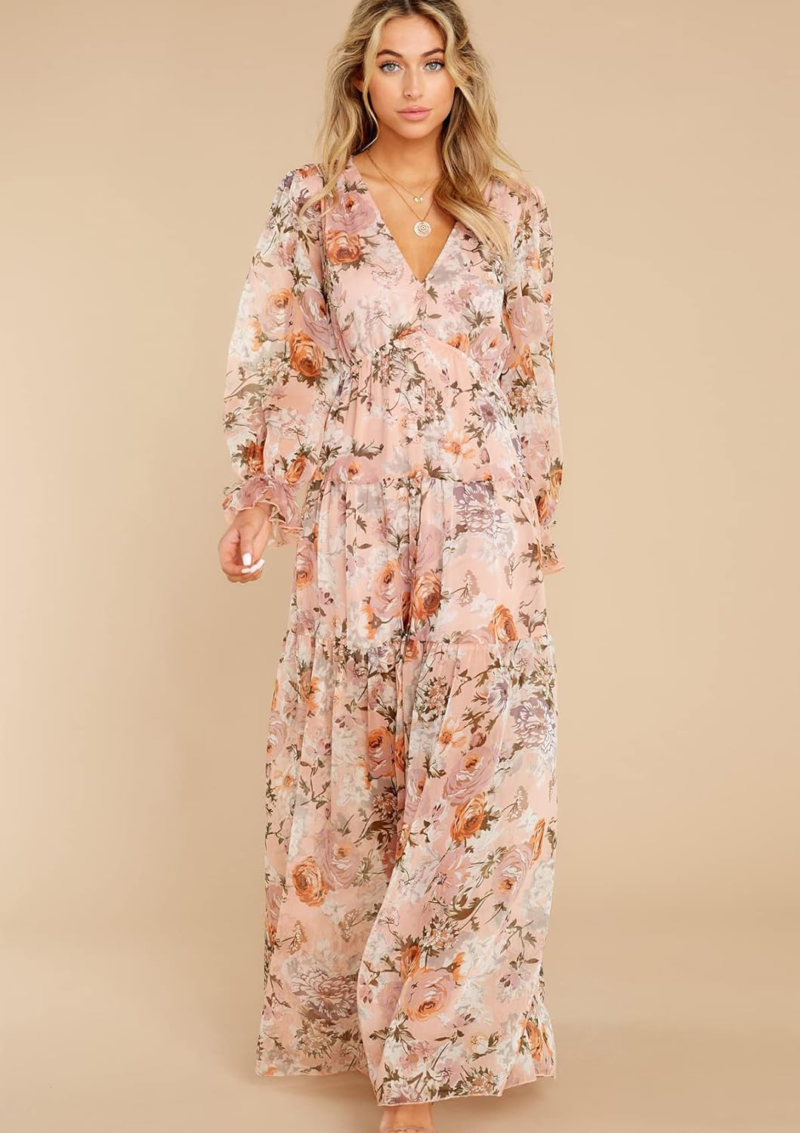 Women'S Long Sleeve V-Neck Floral Maxi Dress Casual Long Dresses Beach Dresses (Medium, Pink) - Image 4