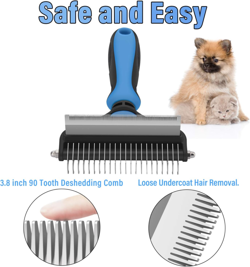 Dog Grooming Brush, 2 in 1 Dog Undercoat Rake for Small Dogs and Cats Shedding, Safe Dematting Comb Deshedding Tool for Pet Matted Hair (Small Blue) - Image 5