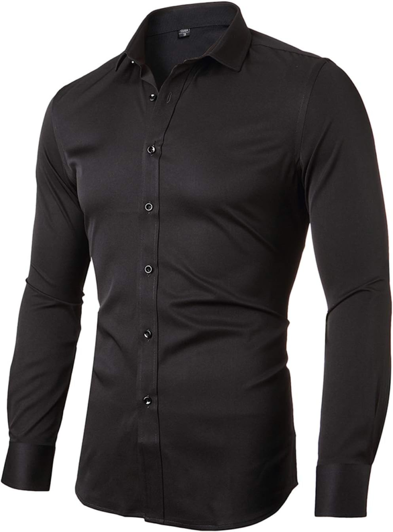 Mens Fiber Casual Button up Slim Fit Collared Formal Shirts, Black Button down Shirt