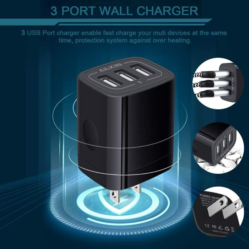 Wall Charger Plug, USB Charger Cube,  3.1A 3-Muti Port USB Adapter Power Plug Charging Station Box Black Base for Iphone 15 14 13 12 11 Pro Max/Se/Xr/Xs/X, Samsung Galaxy Phones USB Charge Block - Image 2