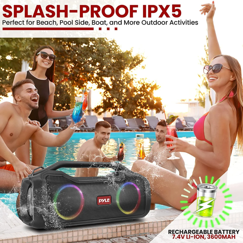 Virtual Assistance RGB Lighting Waterproof Wireless Bluetooth Portable Speaker, Black, PSBWP4 - Image 3
