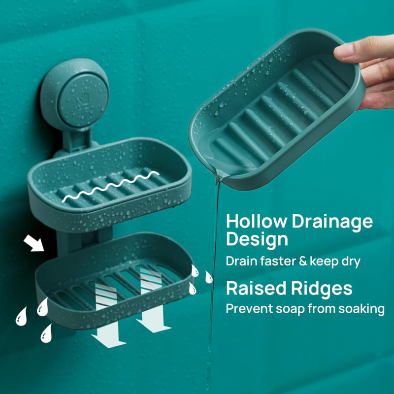 Soap Dish Holder for Shower Double Layer Suction Cup Wall Mounted Drill-Free Self-Draining Removable Strong Suction Sponge Bar Soap Holder for Bathroom Bathtub Kitchen Sink Plastic Green - Image 4