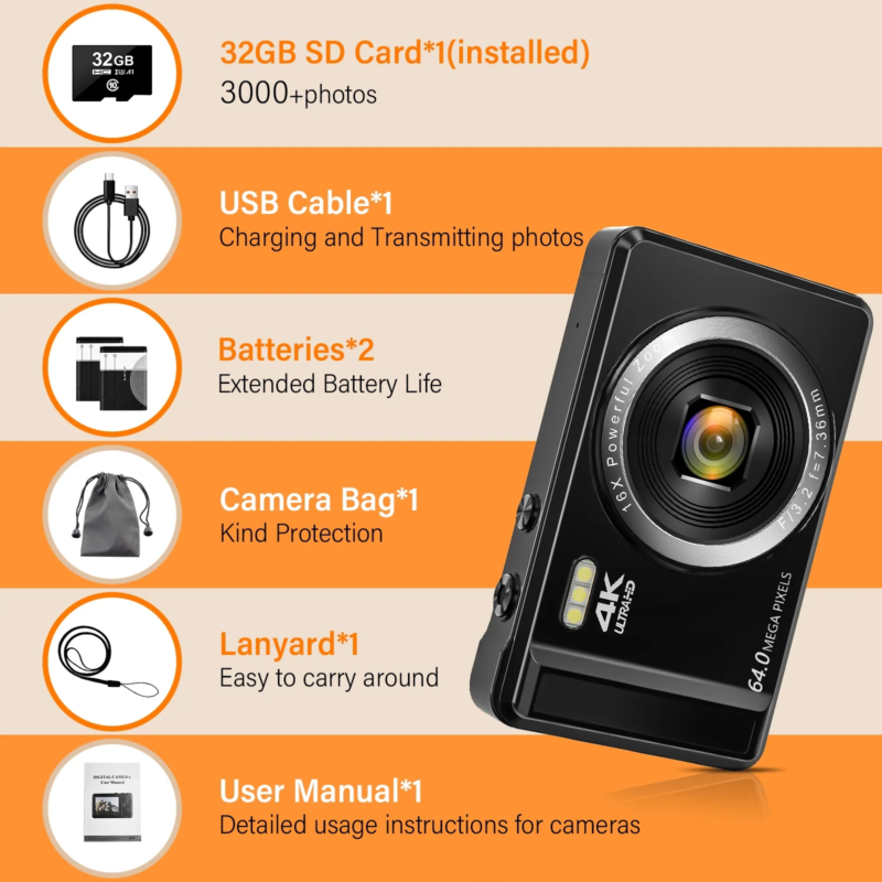 Digital Camera 4K UHD 64MP Vlogging Camera, Autofocus Compact Camera with 16X Digital Zoom, Point and Shoot Digital Camera with 32GB SD Card & 2 Batteries - Image 7