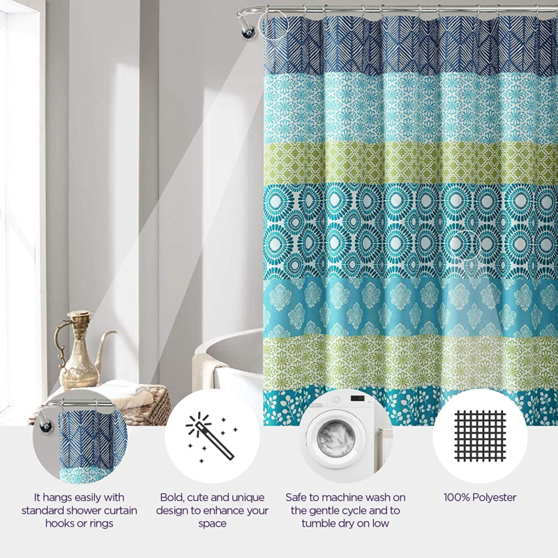 Bohemian Stripe Shower Curtain, 72" W X 72" L, Blue & Green - Boho Shower Curtain - Colorful Striped Bathroom Curtain - Maximalist & Boho Bathroom Decor - Image 2