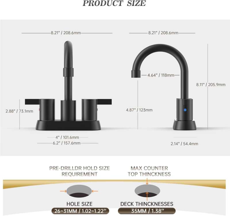 4 Inch 2 Handle Centerset Matte Black Lead-Free Modern Bathroom Faucet, 360 Swivel Spout 2-3 Hole RV Bathroom Vanity Sink Faucet with Pop up Drain and Water Supply Lines，Bf015-1-Mb - Image 6