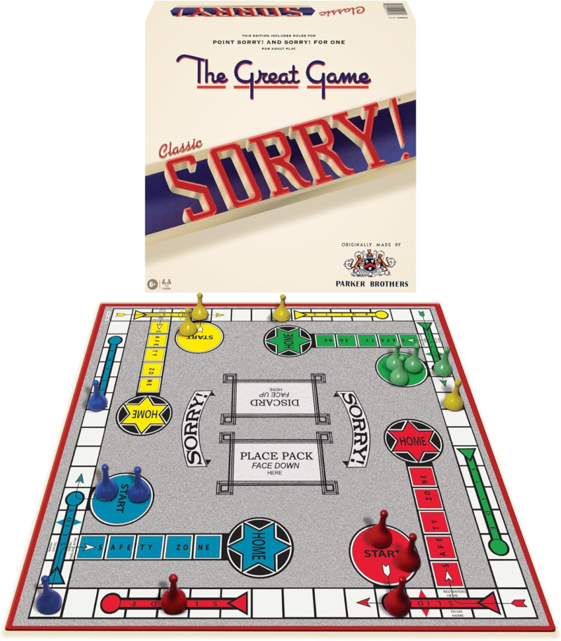 Classic Sorry with Retro Artwork and Components by  Games USA, a Family Favorite for Almost 100 Years, for 1-4 Players, Ages 6+