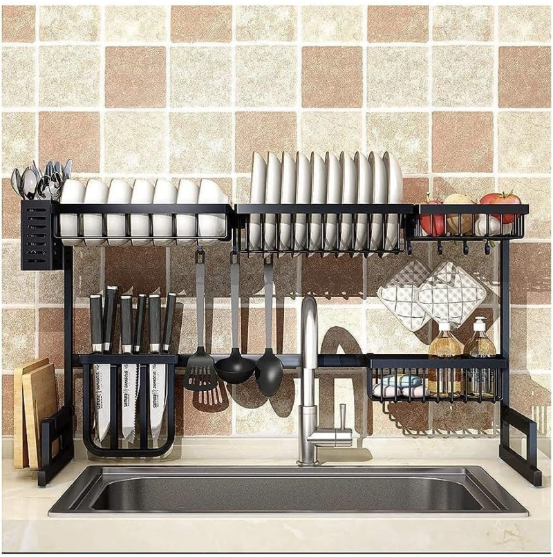 over Sink Dish Drying Rack Stainless Steel, Adjustable Large Dish Drainer for Storage Kitchen Organization Black 2 Tier-Simplified(26"-38") - Image 9