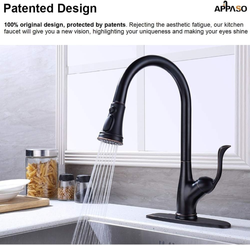 Pull down Kitchen Faucet with Sprayer Oil Rubbed Bronze, Single Handle One Hole High Arc Pull Out Spray Head Kitchen Sink Faucet with Deck Plate - Image 2
