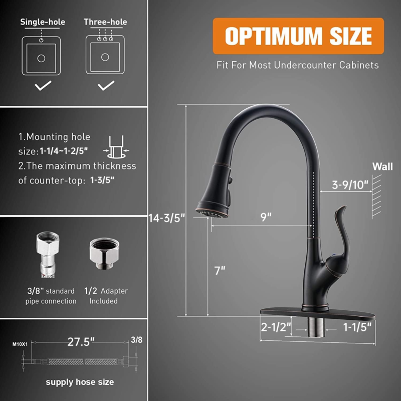 Pull down Kitchen Faucet with Sprayer Oil Rubbed Bronze, Single Handle One Hole High Arc Pull Out Spray Head Kitchen Sink Faucet with Deck Plate - Image 6