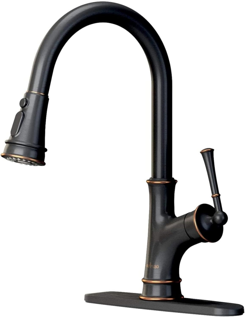 Pull down Kitchen Faucet with Sprayer Oil Rubbed Bronze, Single Handle One Hole High Arc Pull Out Spray Head Kitchen Sink Faucet with Deck Plate - Image 19