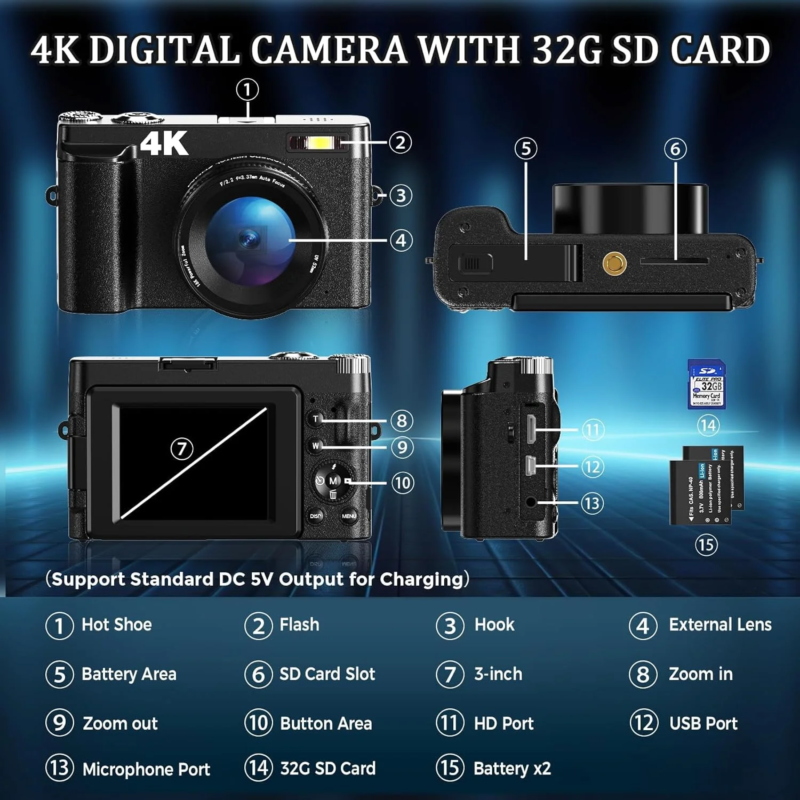 Digital Camera 4K 48MP Vlogging Camera for Youtube Autofocus 16X Digital Zoom Video Cameras with 32GB SD Card - Image 12