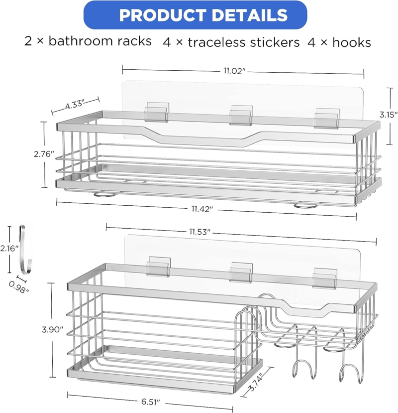 Self Adhesive Shower Shelves, 2 Pack Shower Caddy with 4 Hooks and Soap Holder, Rustproof Stainless Steel Shower Organizer - Image 6