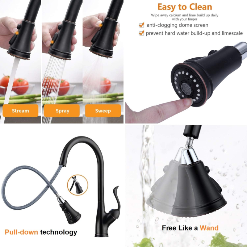 Pull down Kitchen Faucet with Sprayer Oil Rubbed Bronze, Single Handle One Hole High Arc Pull Out Spray Head Kitchen Sink Faucet with Deck Plate - Image 4