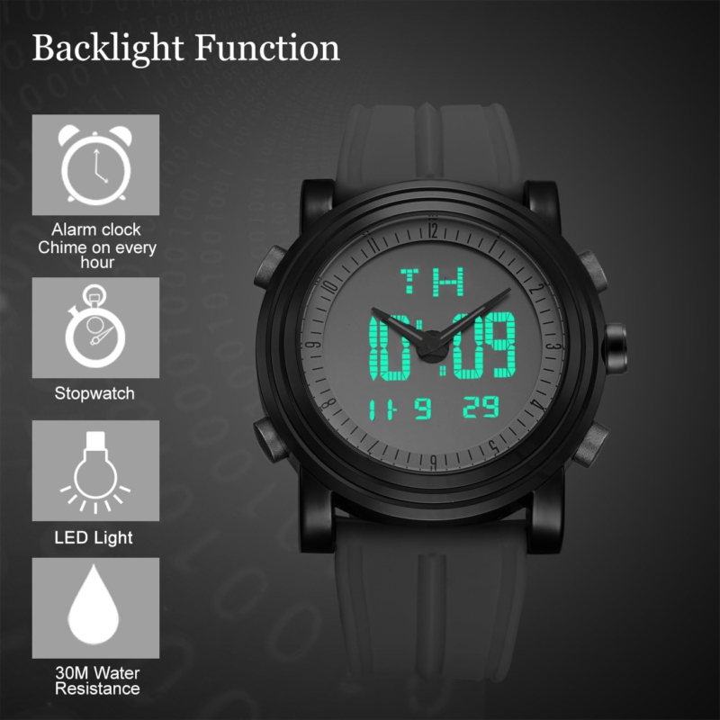 Mens Analog Digital Sport Watches with Alarm Stopwatch LED Backlight Rubber Strap - Image 4