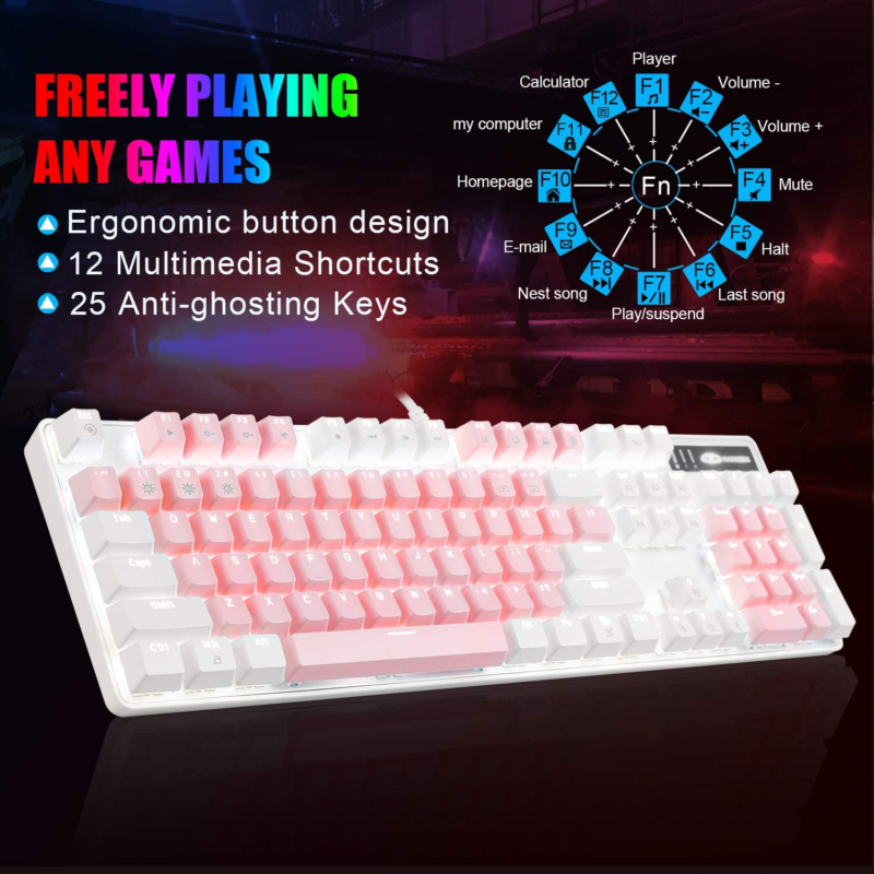 Mechanical Gaming Keyboard, New Upgraded Blue Switch 104 Keys White Backlit Keyboards, USB Wired Mechanical Computer Keyboard for Laptop, Desktop, PC Gamers(White & Pink) - Image 4