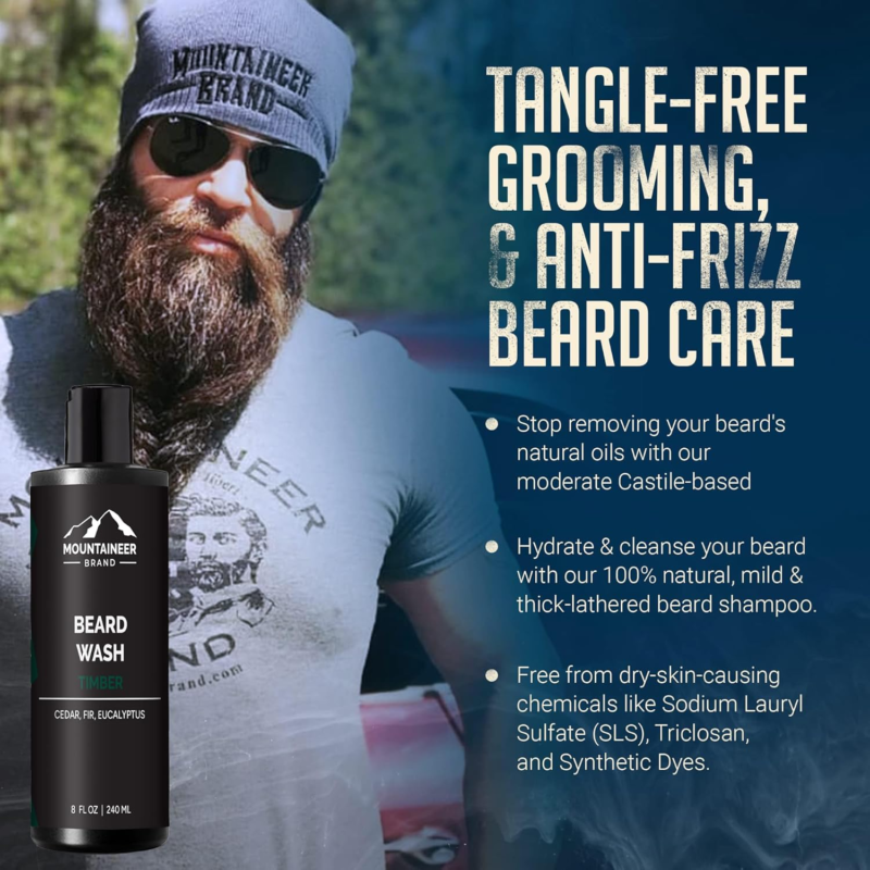 Beard Wash for Men | 100% Natural Beard Shampoo | Thick Cleaning Softening Lather for Hair and Skin | Hydrate and Detangle | Grooming Treatment | Timber Scent 8Oz - Image 4