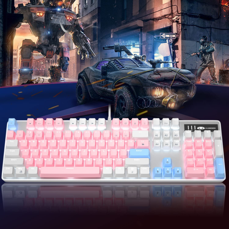 Mechanical Gaming Keyboard, New Upgraded Blue Switch 104 Keys White Backlit Keyboards, USB Wired Mechanical Computer Keyboard for Laptop, Desktop, PC Gamers(White & Pink) - Image 6