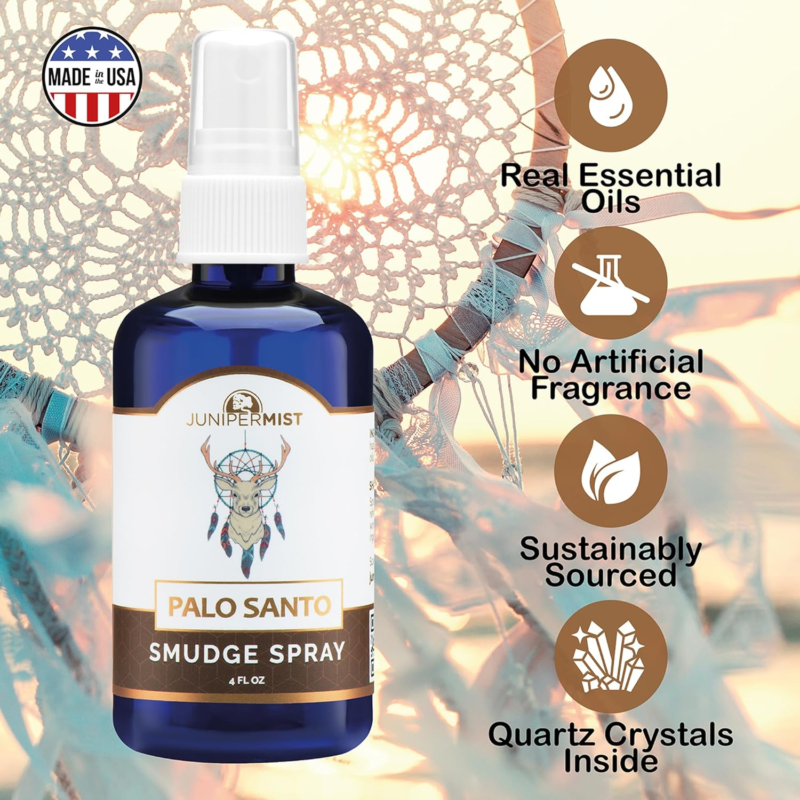 Palo Santo and Sage Smudge Spray (4 Fl Oz) - for Cleansing Negative Energy - Sage Spray Alternative to Smudge Sticks - Sustainably Made in USA with Pure Essential Oils and Real Crystals - Image 5