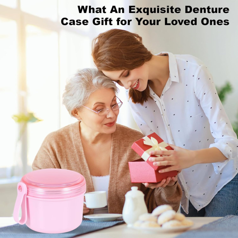 Denture Case, Leak Proof Denture Bath Cup for Travel, Denture Container Cups for Soaking Full & Partial Dentures, Retainers, Denture Cleaning Kit Holder Box with Denture Cleaner Brush-Pink - Image 6