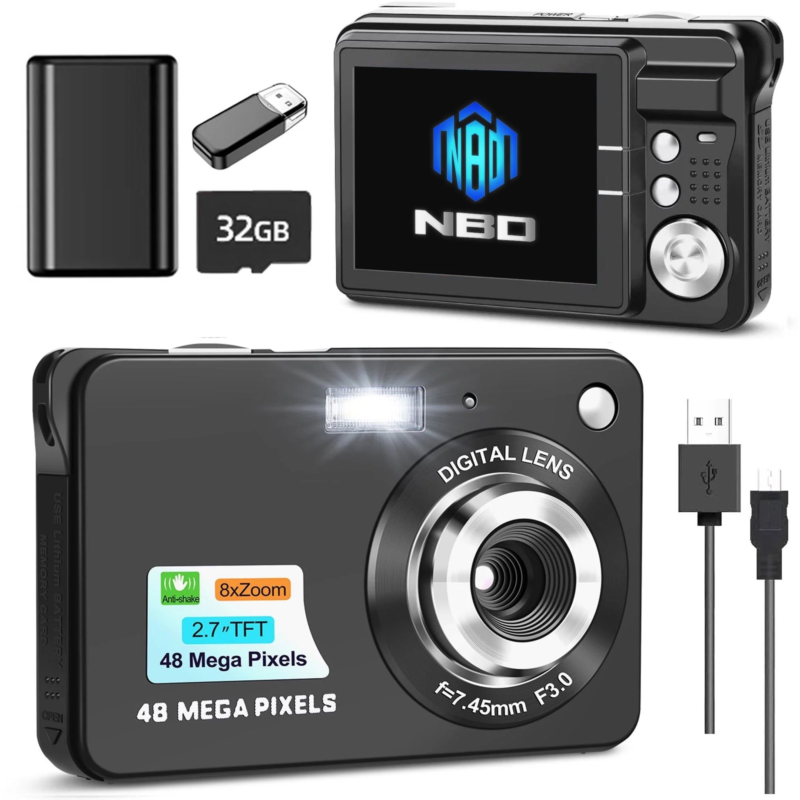 Mini Digital Camera with 48MP 8X Digital Zoom Kids Compact Cameras for Photography, 2.7 Inch FHD Pocket Cameras Rechargeable C