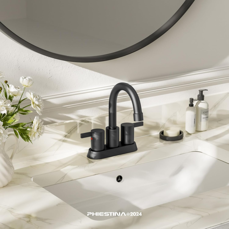 4 Inch 2 Handle Centerset Matte Black Lead-Free Modern Bathroom Faucet, 360 Swivel Spout 2-3 Hole RV Bathroom Vanity Sink Faucet with Pop up Drain and Water Supply Lines，Bf015-1-Mb - Image 2