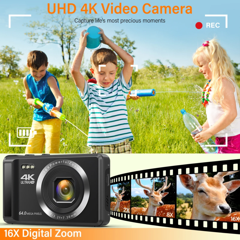 Digital Camera 4K UHD 64MP Vlogging Camera, Autofocus Compact Camera with 16X Digital Zoom, Point and Shoot Digital Camera with 32GB SD Card & 2 Batteries - Image 2