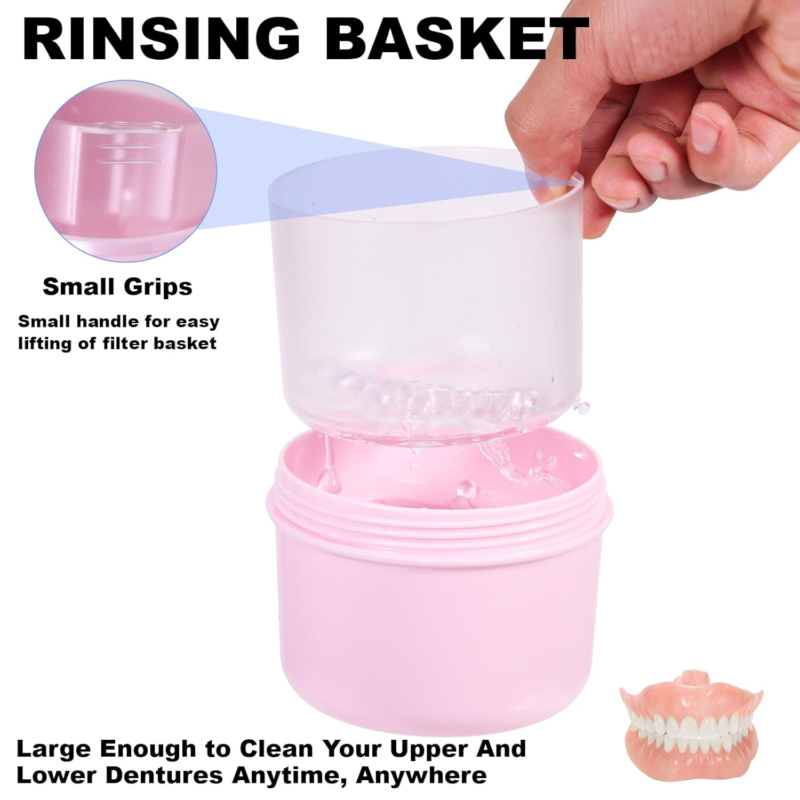 Denture Case, Leak Proof Denture Bath Cup for Travel, Denture Container Cups for Soaking Full & Partial Dentures, Retainers, Denture Cleaning Kit Holder Box with Denture Cleaner Brush-Pink - Image 5