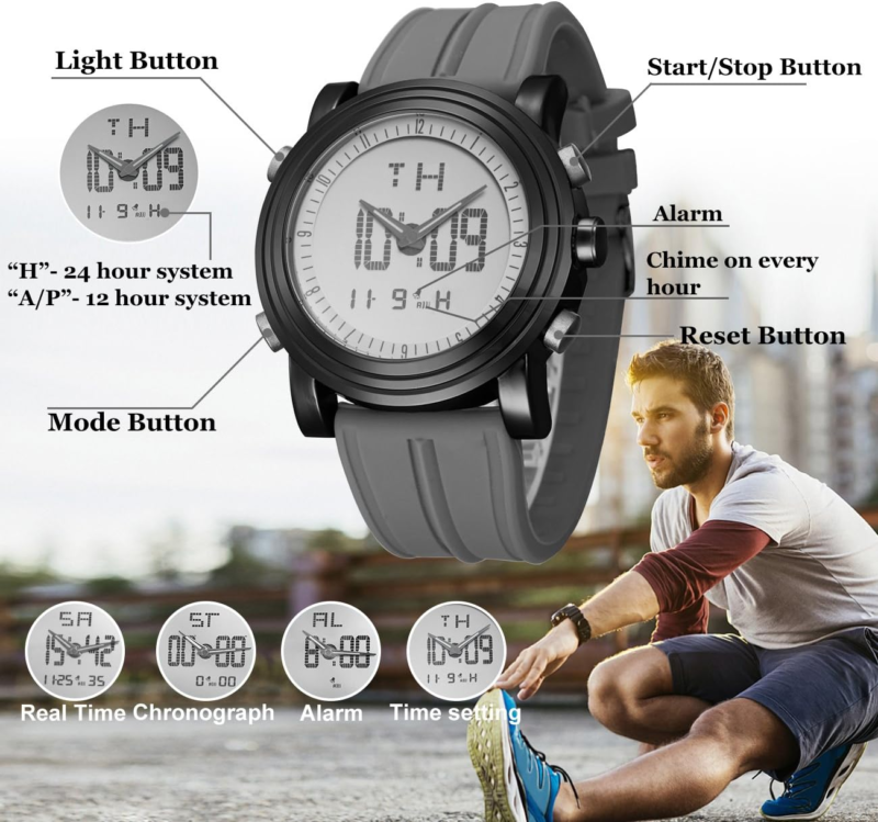 Mens Analog Digital Sport Watches with Alarm Stopwatch LED Backlight Rubber Strap - Image 3