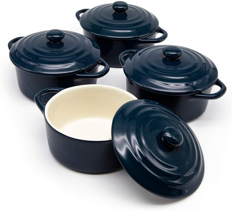 Ceramic Mini Cocotte Set, Small Casserole Dishes with Lids and Handles, Individual Baking Ramekins, Oven, Microwave & Dishwasher Safe, Stoneware, 12 Oz, Set of 4