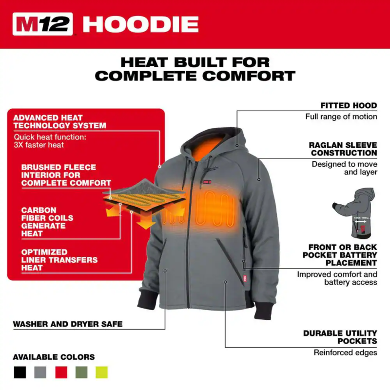 Men'S Small M12 12-Volt Lithium-Ion Cordless Gray Heated Jacket Hoodie (Jacket and Battery Holder Only) - Image 4