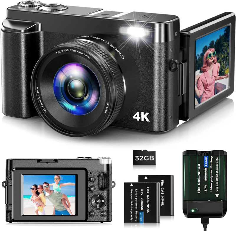 Digital Camera 4K 48MP Vlogging Camera for Youtube Autofocus 16X Digital Zoom Video Cameras with 32GB SD Card