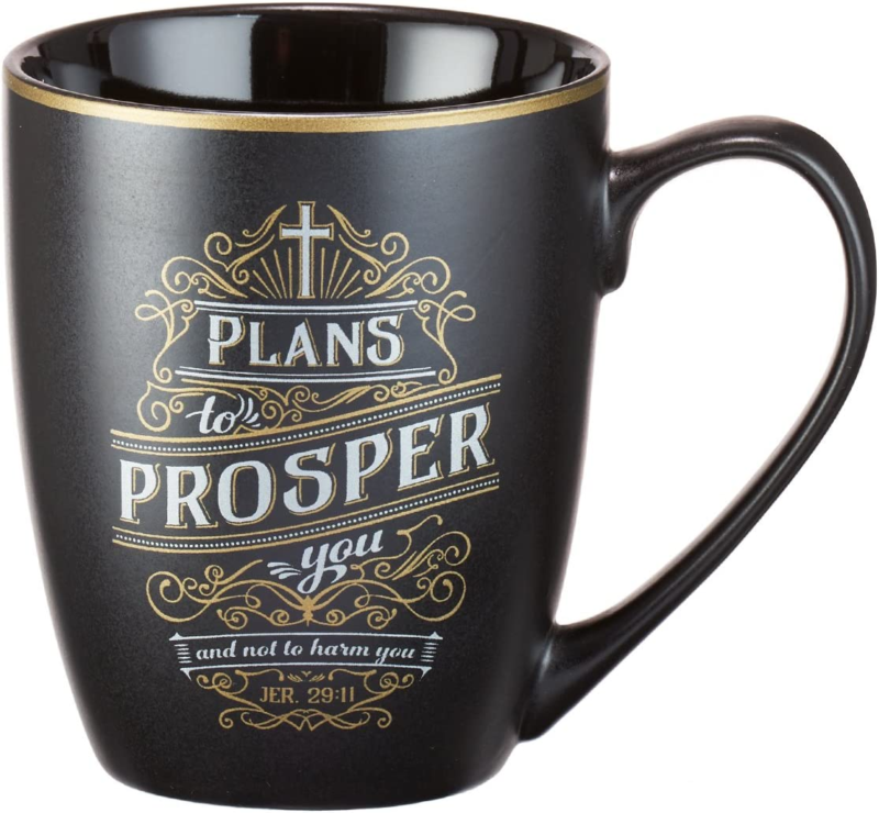 Christian Encouragement Gifts for Men/Women Matte Black Coffee Mug W/Metallic Font Scripture Verses “Plans to Prosper You” Jeremiah 29:11 12Oz Stoneware