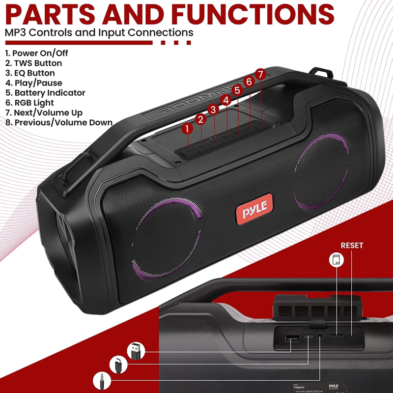 Virtual Assistance RGB Lighting Waterproof Wireless Bluetooth Portable Speaker, Black, PSBWP4 - Image 7