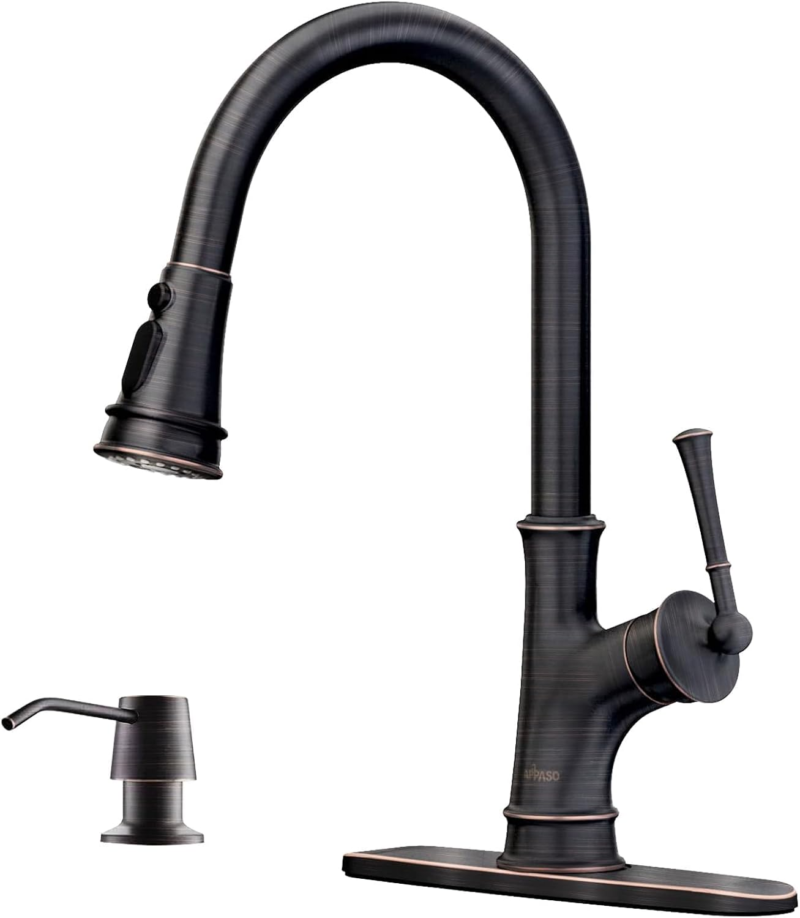 Pull down Kitchen Faucet with Sprayer Oil Rubbed Bronze, Single Handle One Hole High Arc Pull Out Spray Head Kitchen Sink Faucet with Deck Plate - Image 12